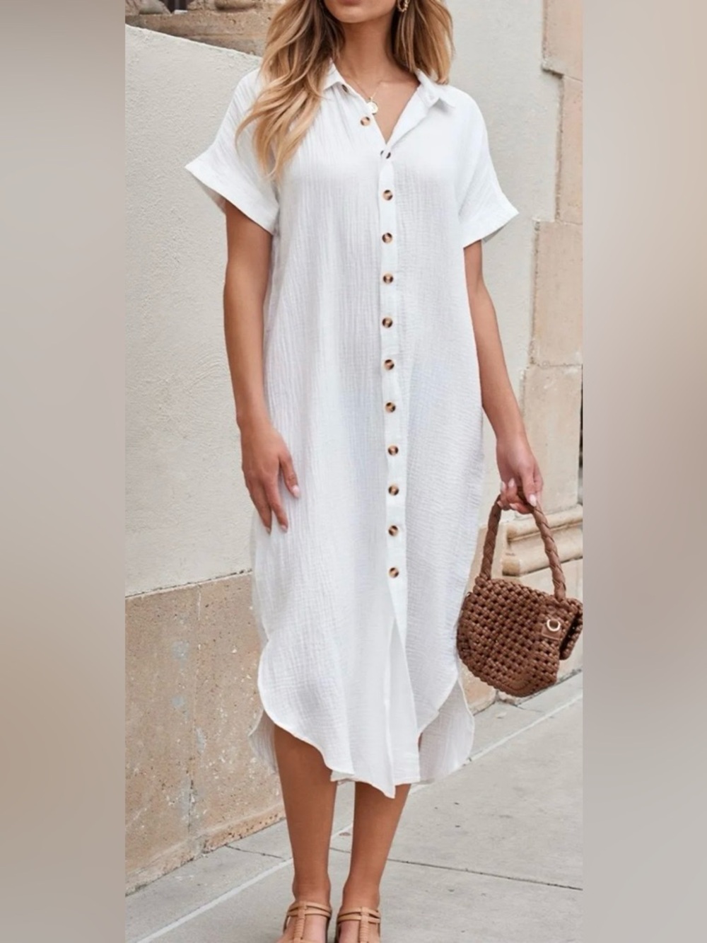 White Button-Front Shirt Dress - Casual Summer Midi
